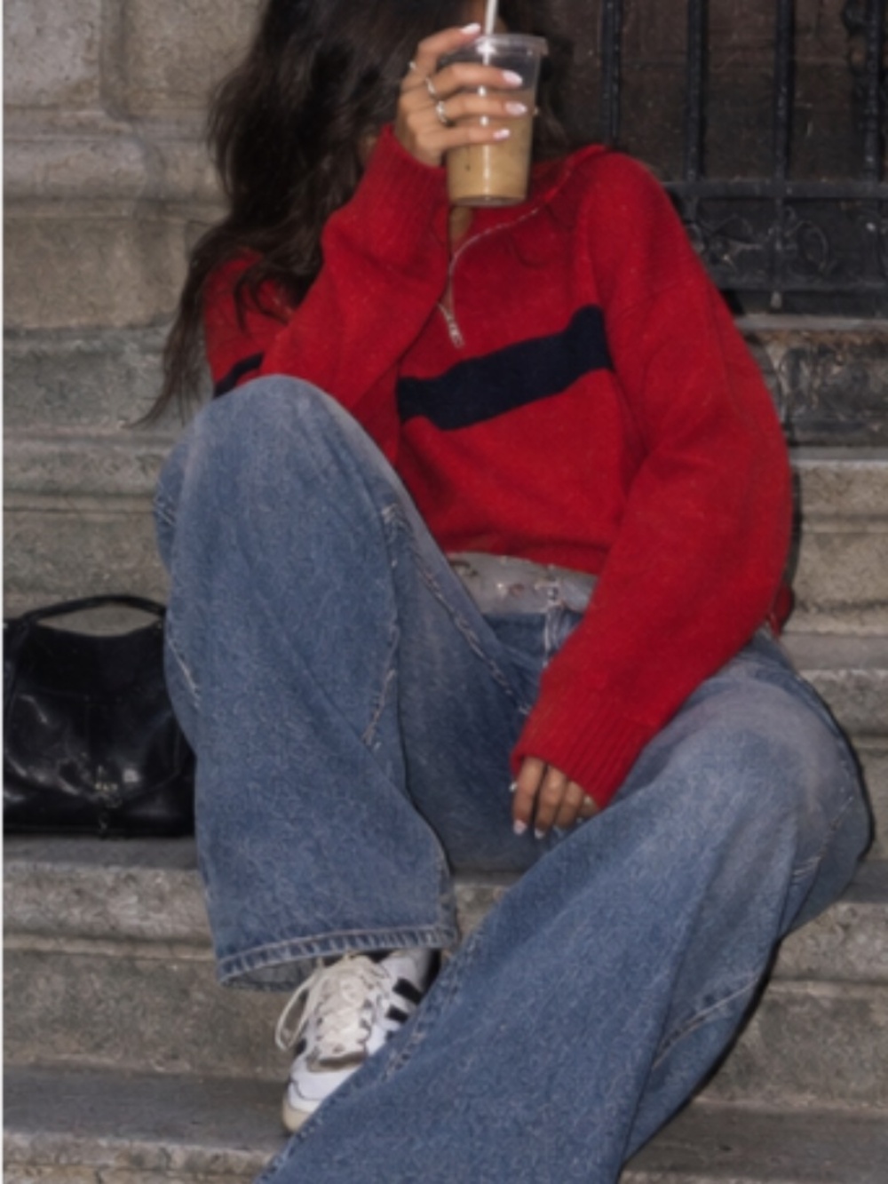 Rare Brandy Melville oversized red quarter zip sweater with a black stripe